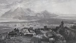 Stad en Landengte van Korinthe gezien vanaf de Akropolis, gegraveerd door W. Miller, uit 
